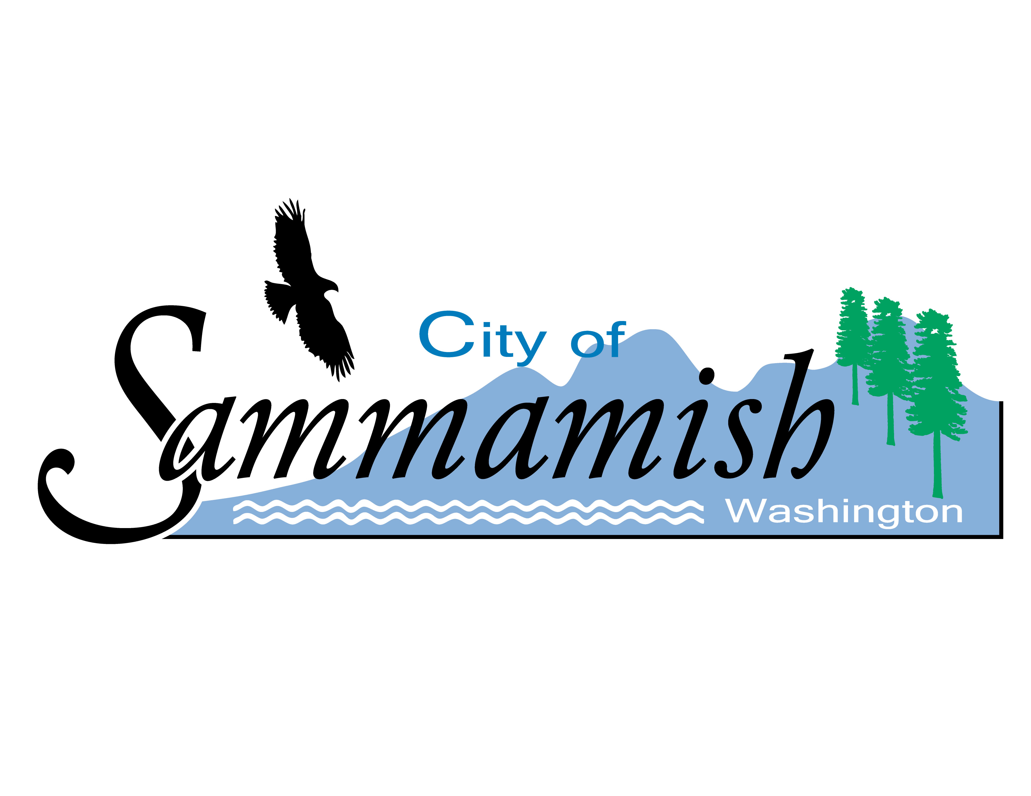 City logo for City of Sammamish Washington with blue water and (nongradient) mountains, white ripples in the water, green coniferous trees, and black sillhoutte of soaring bird.