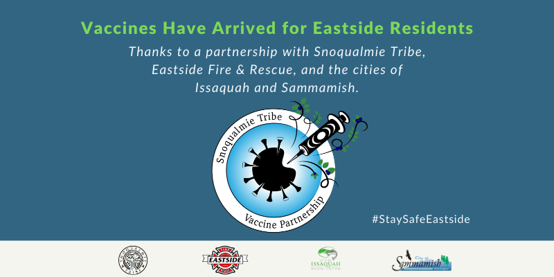 Notice: Vaccines have arrived for Eastside residents, thanks to a partnership with Snoqualmie Tribe, Eastside Fire & Rescue, and the cities of Issaquah and Sammamish. Logo of Snoqualmie Tribe Vaccine Partnership shows injection into enlarged COVID-19 virus cell. #staysafeeastside