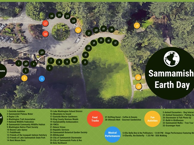 Map of informational booths, food trucks, free activities, and musical performances at Sammamish Earth Day 2019 celebration