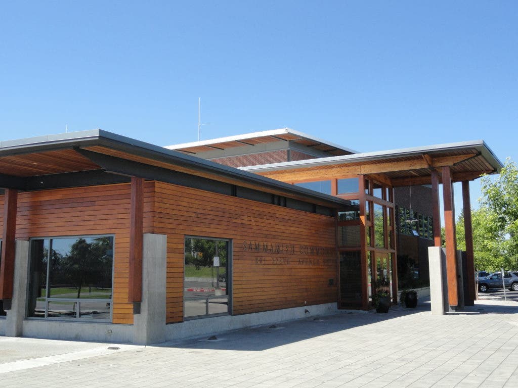 Exterior of Sammamish City Hall with street address on it 801 228th Avenue Southeast