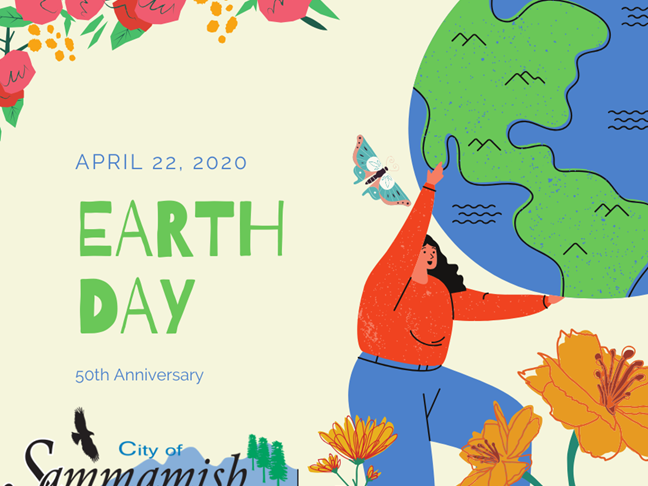 Illustration of woman holding up the earth with a butterfly near her arm and flowers in the corners of the picture. April 22, 2020 Earth Day. 50th Anniversary. City of Sammamish, Washington.